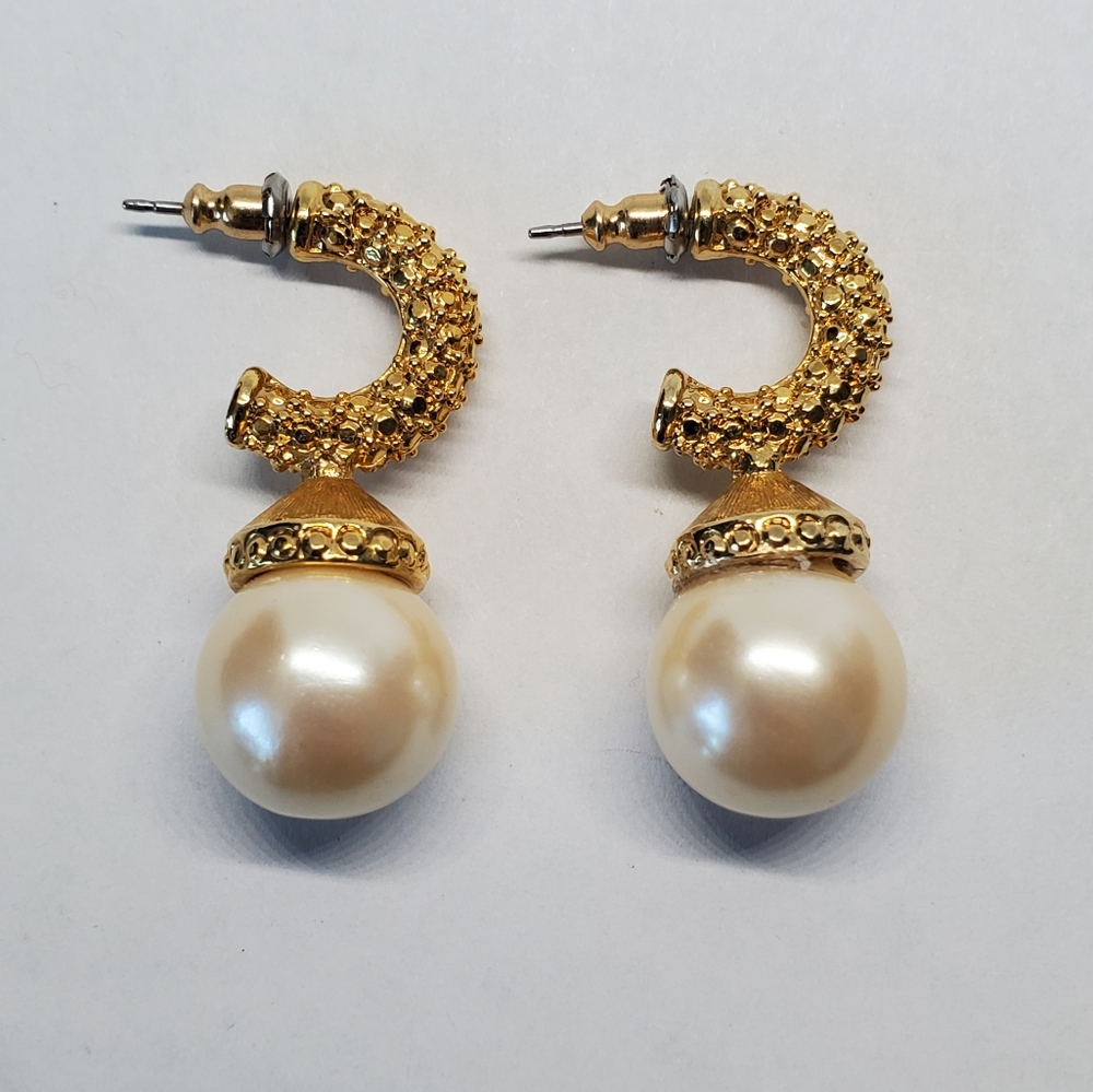 Vintage Faux Pearl Gold Tone Bumpy Half Hoop Dangle Earrings